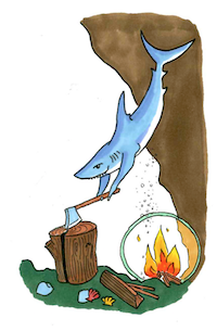 drawing of a shark cutting wood underwater