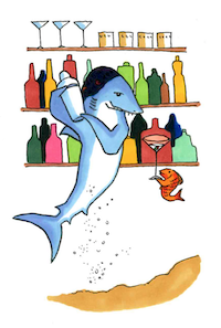 drawing of a shark shaking a cocktail for a goldfish