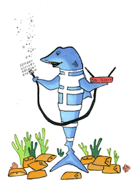 drawing of a shark carrying a wifi router surrounded by dropped packets